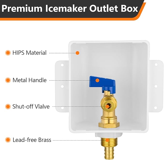 HeSun PEX Crimp Ice Maker Outlet Box,Inlet 1/2 Inch F1807 x Outlet 1/4 Inch OD Compression Connection,with 1/4 Turn Shut Off Valve