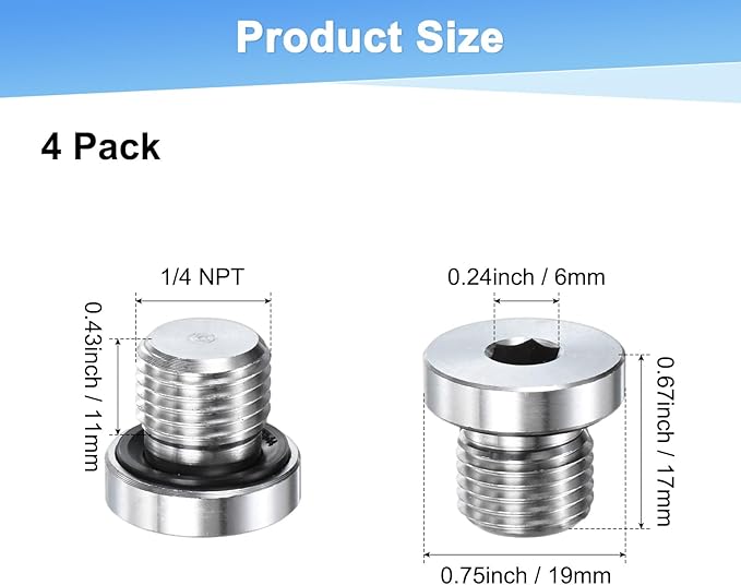 4-Pack Inner Hex Head Pipe Fitting Plug, 1/4 NPT 304 Stainless Steel Socket Bung Plug with Sealing Ring for Terminate Pipe Ends/Replacement Drains