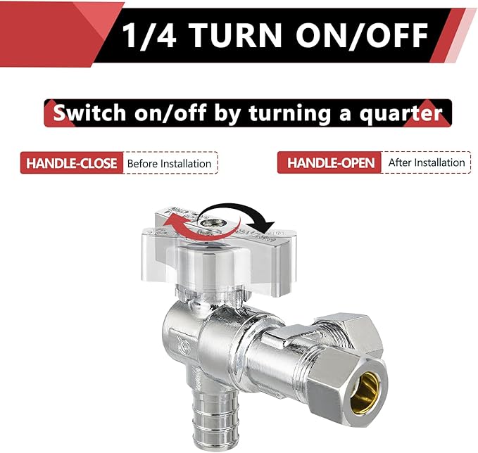 (Pack of 2) EFIELD Dual Outlet Angle Stop Valve, Quarter Turn, 1/2" Pex Barb Crimp Connection Inlet x (3/8 inch x 3/8 inch) Compression Outlet, Chrome Plated Brass,(VALVE200)