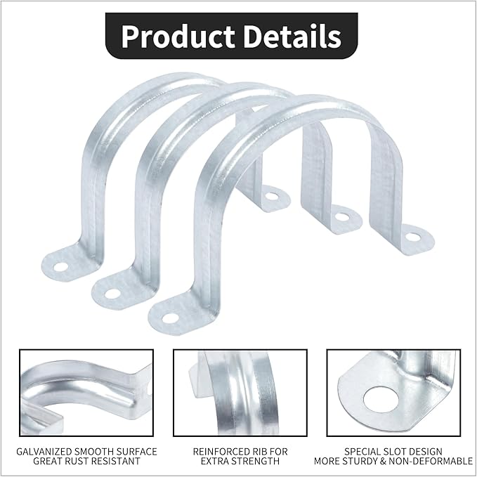 2-6/16 Inch Reinforced Rigid Pipe Strap, 2 Holes U Bracket Cable Clamp Hanger, Zinc Coated Tension Tube Clip, Conduits Strap Clamps for Pipe Fixing on Various Surfaces, 10 PCS(63 mm)