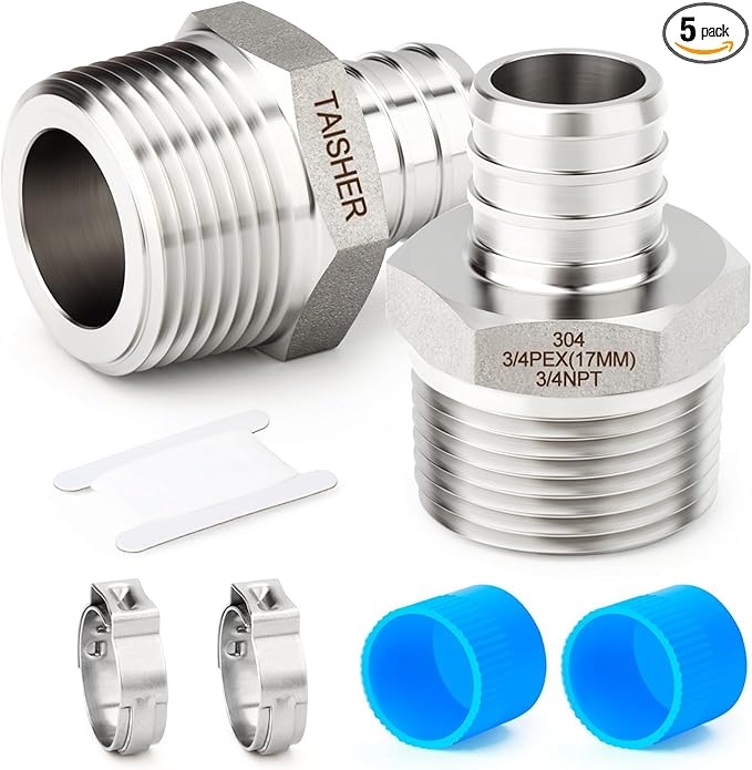 TAISHER 5PCS 304 Stainless Steel Pex Fittings,3/4" Pex x 3/4" NPT Male,3/4" Pex Fitting With 5PCS Hose Clamp For Pex Tubing Pipe