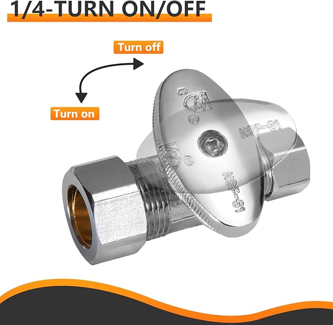 50-PCs HeSun Straight Stop Valve, 1/2" Nominal (5/8"OD) Compression x 3/8" OD Compression, 1/4 Turn Shut Off Valve for Bathroom, Chrome Plated Brass(VALVE122-50)