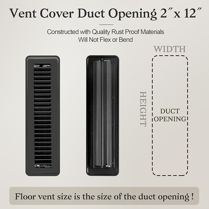 2 PCS Floor Vents Floor Registers 2x12 inch, Heavy Duty Metal Heat Air Vent Covers 2 X 12 with Rust Proof Finish for Home Office Wall Floor Registers Grilles & Vents (2, Black, 2x12 Inches)