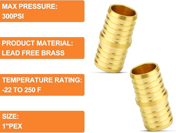 GASHER 2Pcs No Lead Brass 1" Pex Coupling, 1 Inch Pex Fittings for Pex Tubing