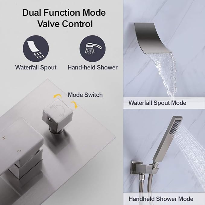 Wall Mount Bathtub Faucet with Handheld Shower, Brushed Nickel Single Handle Bathroom Waterfall Tub Filler Solid Brass Tub Shower Faucet Set Rough-in Valve Trim Kit