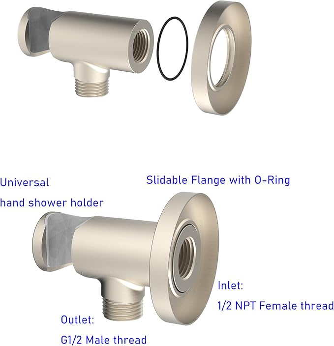 Aquaiaw Wall Supply Elbow with O-Ring Flange, Tapered 1/2 NPT Female Inlet, Solid Brass Wall Union With Handshower Holder, Round Wall Supply Elbow With Handheld Shower Head Bracket, Nickel Brushed PVD