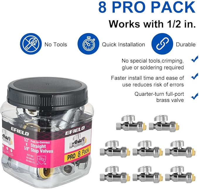 Pro 8-Pack EFIELD Push Fit 1/4 Turn Straight Stop Valve, 1/2 Push x 3/8 Inch Compression, Chrome Plated, Heavy Duty,(PF-VALVE084-8PCS)