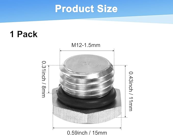 1-Pack Outer Hex Head Thread Pipe Plug Fitting, M12x1.5mm Male 304 Stainless Steel Solid Thread Bung Plug with Sealing Ring for Terminating Pipe Ends