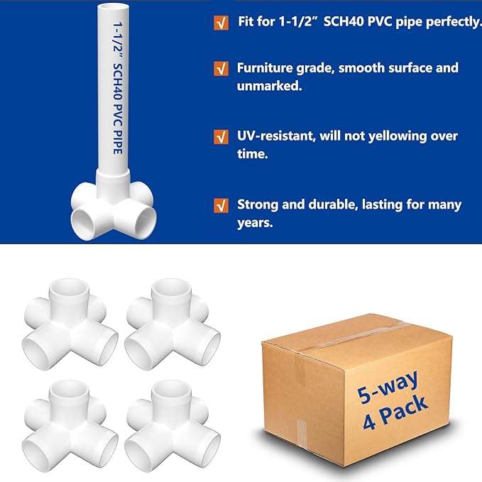 1-1/2" PVC 5 Way (4-Pack) Elbow, UV Resistant, Fits 1-1/2" Sch 40 PVC Pipes