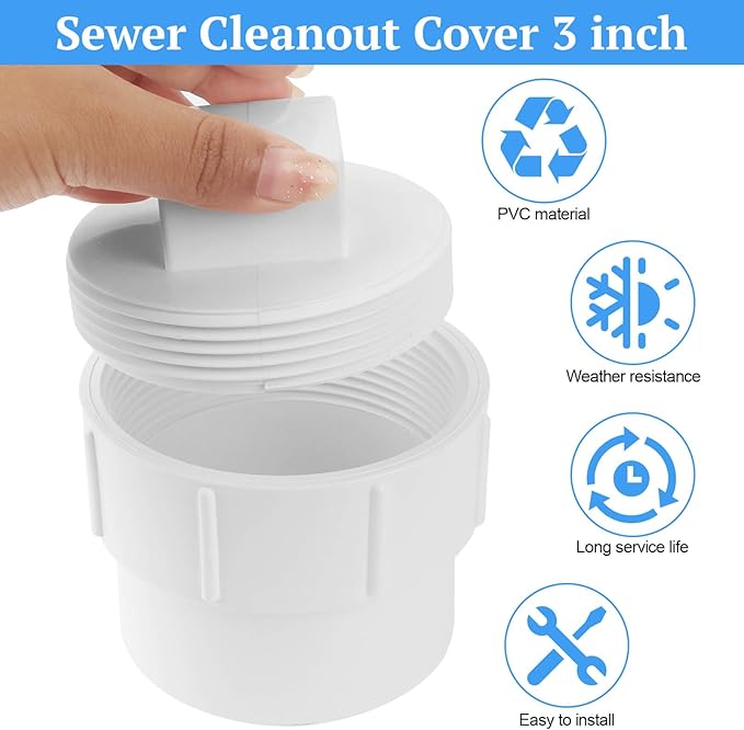 3" PVC Sewer Cleanout Adapter with Plug Pipe Fitting, PVC DWV Flush Sewer Cleanout Cap for Drainage Piping Connect System Outdoor Garden, RV Sewer and More