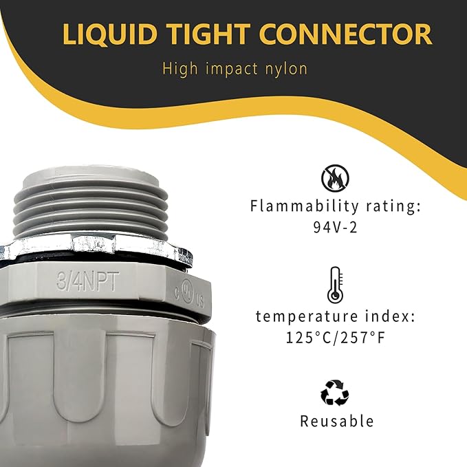 Conduit Connectors, 3/4 Inch Liquid Tight Connector NPT Non-Metallic for PVC Electrical Flexible Conduit Fittings, 180 Degree Straight, UL Listed for Home Outdoor Tubes Tools, Grey (50-Pack)