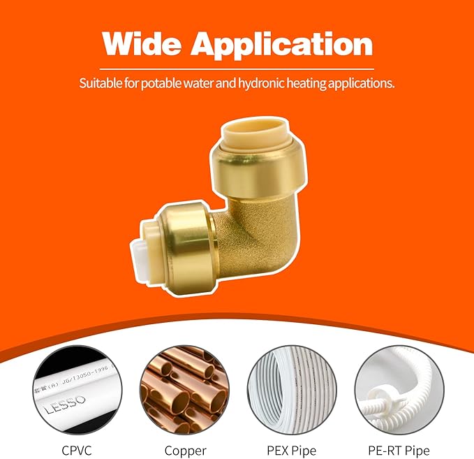 6 Pack Push-to-Connect Plumbing Fittings, 1/2" Pushfit Elbow Fittings with Disconnect Clip for Copper, PEX, CPVC Pipe