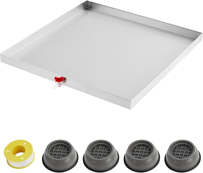 32" x 30" Washing Machine Drain Pan with Drain Hole & Hose Adapter, 304 Stainless Steel Heavy Duty Washer Drip Tray with 4 Anti-Vibration Feet for Compact Washers