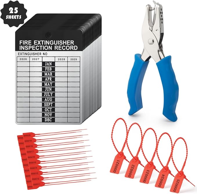 25 Sets 2026–2029 Fire Extinguisher Tags Aluminum Metal Inspection Record Tags 2.2 x 3 Inch with Hole Puncher & Numbered Security Zip Ties for Monthly Fire Extinguisher Inspection Indoor Outdoor