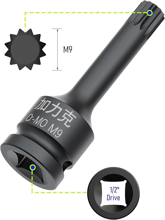 1/2-Inch Drive x M9(9mm） Impact XZN Triple Square Spline Bit Socket, Metric Lengthen Screwdriver Socket Adapter, 3-Inch Length, CR-MO Steel, One-Piece Construction, Black