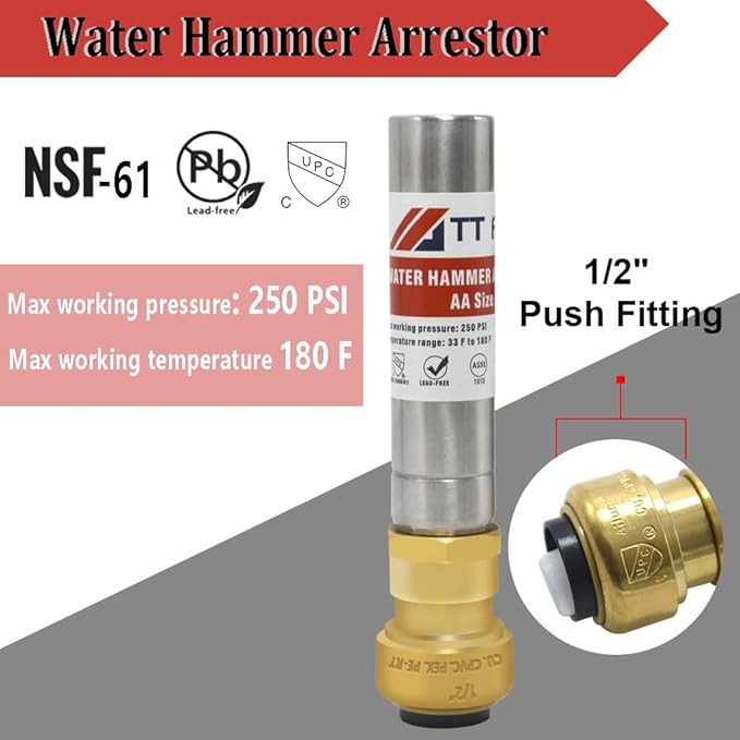2 PCS Stainless Steel Water Hammer Arrestor 1/2 Inch Push to Connect Pex Copper CPVC, Push-Fit Hammer Arrestor