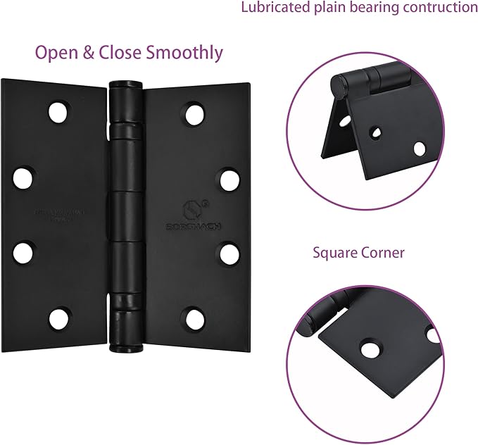 Matte Black Heavy Duty Door Hinge 4.5 X 4.5 Inch Ball Bearing Commercial Hinges Square Corners Interior and Exterior Hardware for 4-1/2 Doors Hinge Grade ANSI/BHMA A156 Grade 1.