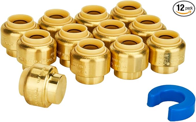 SUNGATOR 1/2 Inch Cap, 1/2 Inch Push Cap, No Lead Brass Plumbing Fittings End Stop, Caping off PEX Pipe, Copper, CPVC, with 1 Disconnect Clip, Pack of 12