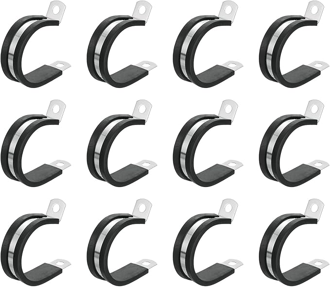 uxcell 1-3/8"(34mm) Cable Clamp, 304 Stainless Steel Rubber Cushioned Insulated R Shape Metal Clamp Tube Holder for Pipe Hose Wire Cord Installation 12Pcs
