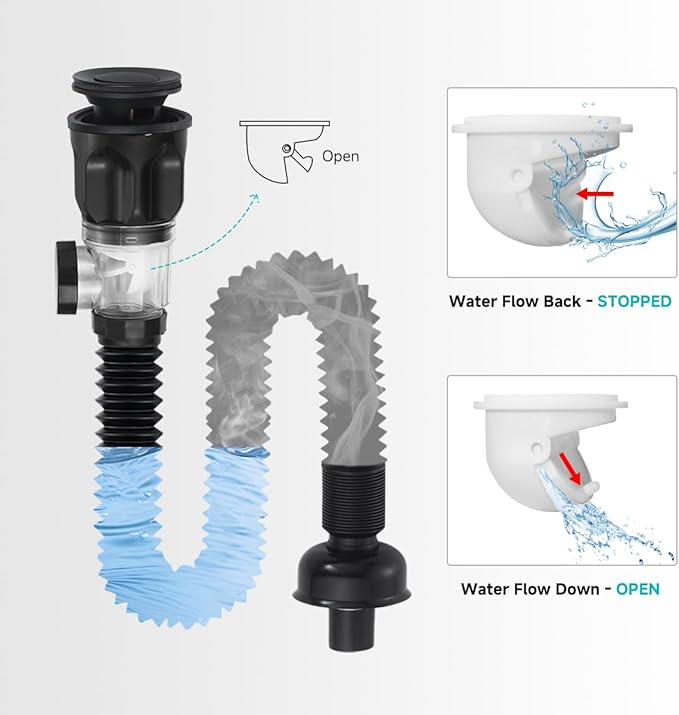 Bathroom Sink P trap with Overflow Drain - TSIBOMU Flexible Sink Drain Pipe for Basin drain replacement,Fits 1-1/4",1-1/2"and 2" Holes,Matte Black