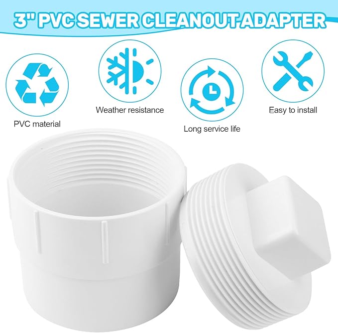 3" PVC Sewer Cleanout Adapter with Plug Pipe Fitting, PVC DWV Flush Sewer Cleaning Cap for Outdoor Garden and Garage Drainage Systems
