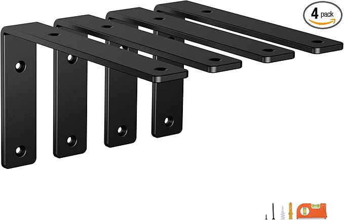 4-Pack 8 Inch Heavy Duty Shelf Brackets, Premium Floating L Bracket for Wall, Kitchen, Mantel Shelves Support | Quarter Inch (1/4") Thick | Black Powder Coated Steel