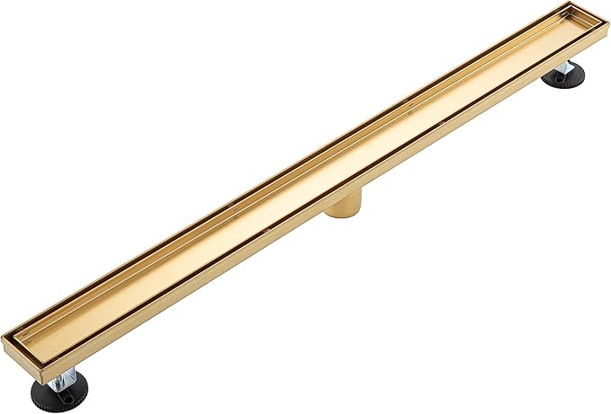 36 inch Linear Shower Drain with Removable Square Hole Panel by Using Brushed 304 Stainless Steel Process, Linear Drain Equipped with Adjustable Feet and Hair Strainer(Brushed Gold Color)
