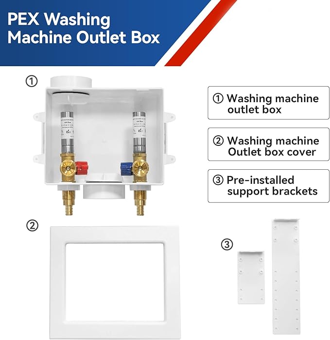 Washing Machine Outlet Box with Stainless Steel Water Hammer Arrestor,1/2 Inch PEX Inlet x 3/4 Inch MHT Outlet Connection Laundry Outlet Boxes,Washer Plumbing Box with Center Drain(WM007)