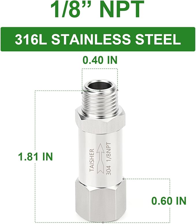 TAISHER 1PCS 316L Stainless Steel 1/8" NPT Male x 1/8" NPT Female Check Valve,Backflow Prevention,One Way Non-Return Check Valves