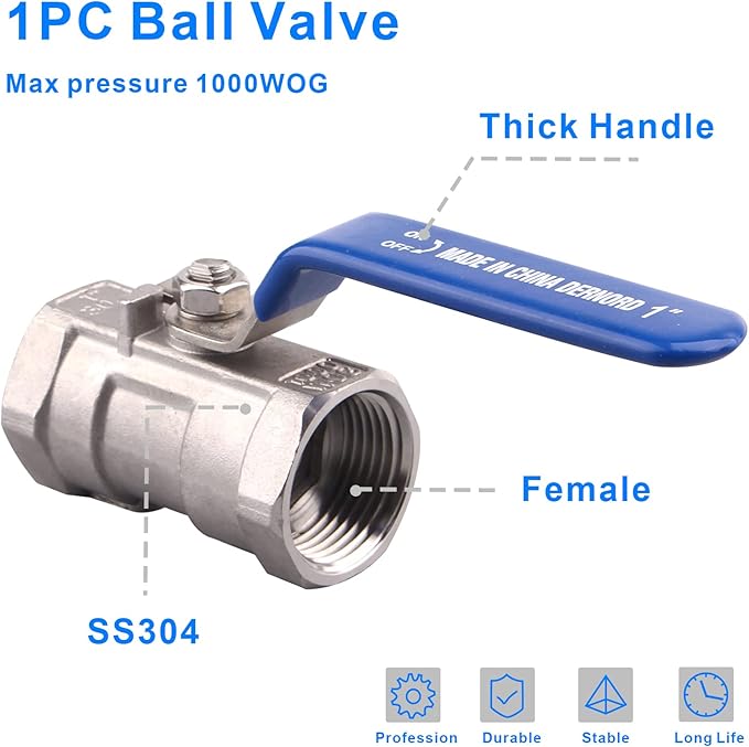 DERNORD Stainless Steel Ball Valve 1PC Type 1 Inch NPT Standard Port for Water, Oil, and Gas (Pack of 2)