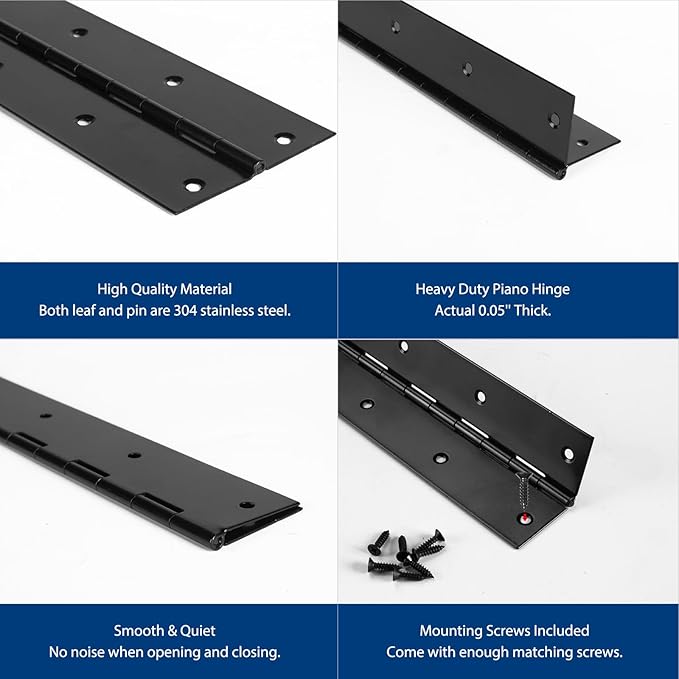 2PCS Black Piano Hinge 30 Inch x 3 Inch Heavy Duty Stainless Steel Piano Hinge Continuous Hinge for Cabinet, Door, DIY Wood Boxes, 0.05" Leaf Thickness