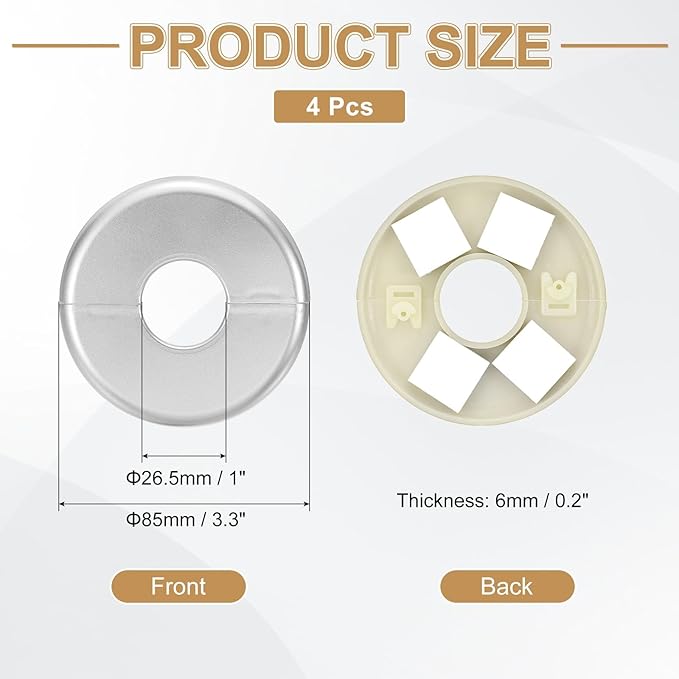 PATIKIL Wall Split Flange 85mm / 3.3" OD, 4 Pcs Round Escutcheon Plate Cover PPR Plumbing Cover Plates with Self-Adhesive Tape for 26.5mm / 1" Dia Water Pipe Faucet, Silver