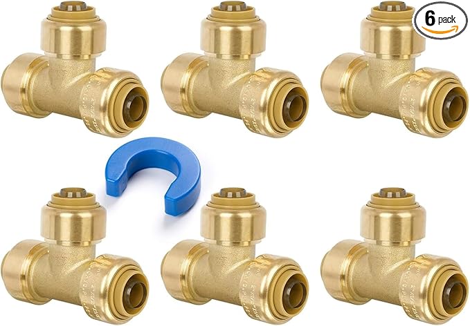 1/2" Pex Tee Pushfit, Push to Connect Brass Plumbing Fitting for Copper, CPVC, PEX Pipe, Brass Pex Fitting with Upgraded Stiffener, Disconnect Clip Included, NSF & UPC Certified, 6 Pack