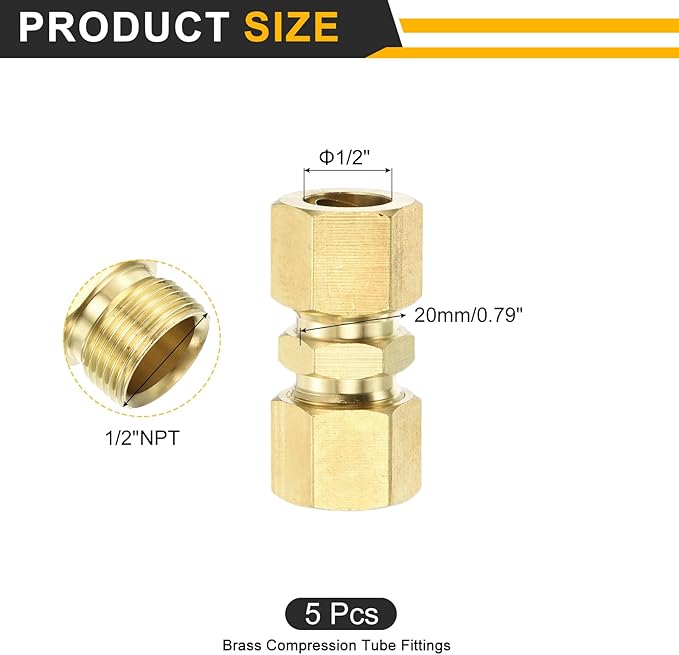 uxcell 3Pcs Brass Compression Tube Fitting, 1/2" Tube OD x 1/2" Tube OD Connector Straight Coupling Adapter Union Fittings