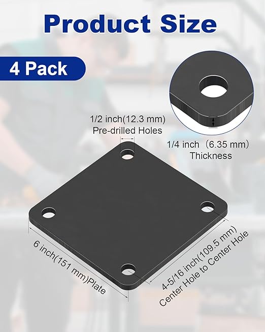 Rocaris 4 Pcs 6 X 6 X 1/4 Inch A36 Steel Plate Hot Rolled, Steel Base with 4 Holes Metal Square for Construction Boards, Structure Support, Weldable Square and Industrial