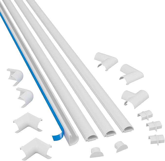 D-Line 13.12ft Cord Hider Kit, Patented Cable Cover, Hide Wires on Wall, Channel for TV Mount Cords, Raceway Wire Hiders, Paintable, Adhesive, Half Round, 4X 0.78in W x 0.39in H x 39in Lengths, White