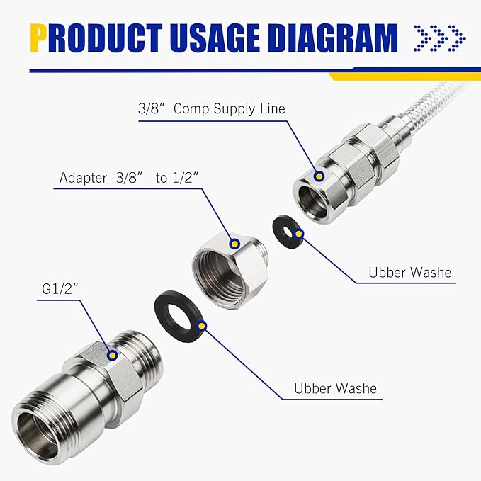 Shimeyao 16 Pcs Brass Water Line Adapter Pipe Fittings in 1/2" Female to 3/8" Male Reducer Adapter Compression Fitting for Bathroom Faucet Supply Hose Pipe Connector with Rubber Washer