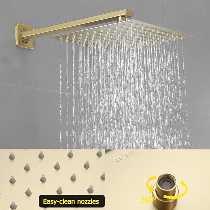 Brushed Gold Shower System 10 Inch Bathroom Luxury Rain Mixer Shower Combo Set Wall Mounted Rainfall Shower Head and Handheld System Shower Faucet Rough-in Valve Body and Trim Kit