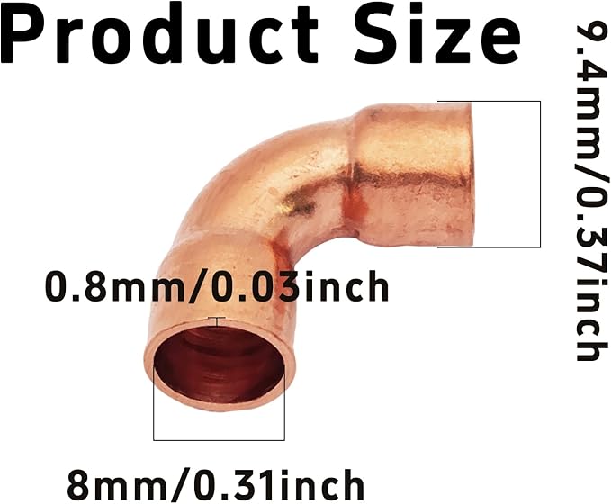 6Pcs 5/16 Inch ID 0.8mm Thick Pure Copper 90 Degree Elbow, Short Radius Pipe Fitting with Sweat Solder Connection for Plumbing HVAC Refrigeration System