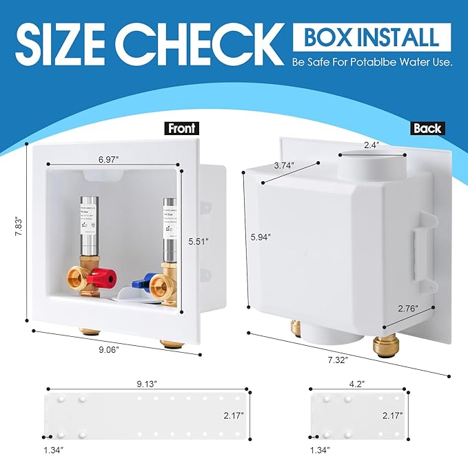 Washing Machine Outlet Box, with Stainless Steel Water Hammer Arrestor, 1/2-Inch Push Fit x3/4-Inch MHT with Center Drain, Washer Faucet Recessed Box, Laundry Washer Valve Outlet Box