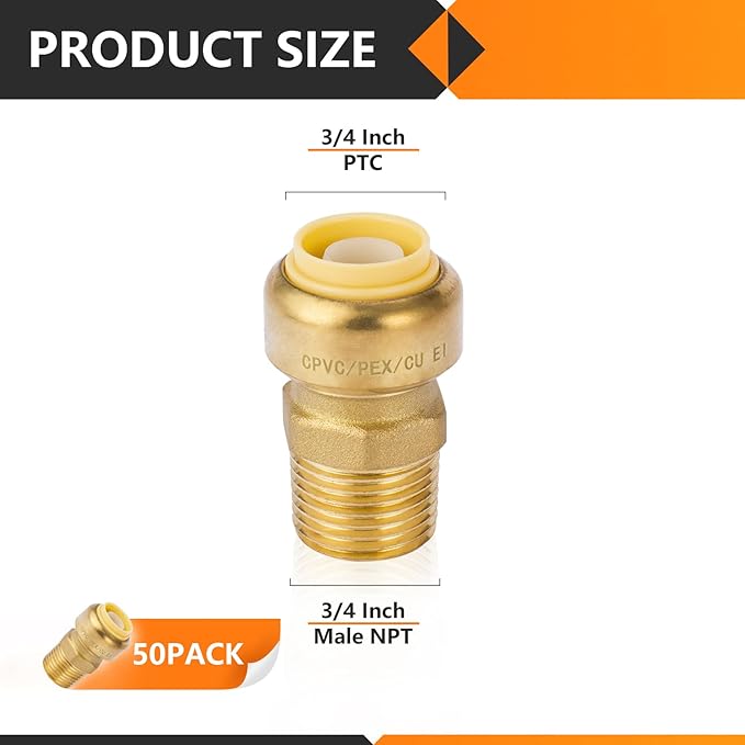 HeSun 50-Pack Pushfit Male Adapter, 3/4" MNPT x 3/4" Push to Connect Plumbing Fittings with Disconnect Clip, Brass Push-fit Fittings for PEX, Copper, CPVC, PE-RT Pipes