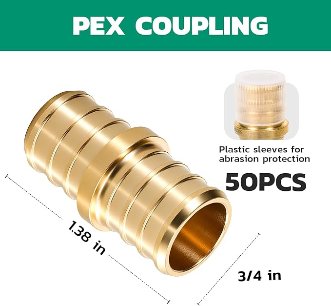 PEX Fittings 3/4 Inch, 50PCS Coupling Lead-Free Brass Connectors for PEX B Pipe, NSF UPC Certified, ASTM F1807, Compatible with Crimp/Clamp Rings (Hot/Cold Water, Hydronic Heating)