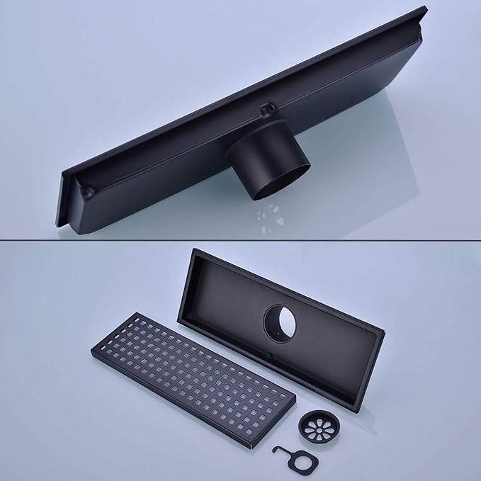 Linear Shower Floor Drain with Removable Cover Grid Grate 12 inch Long Rectangle, SUS 304 Stainless Steel Matte Black Plated Finish