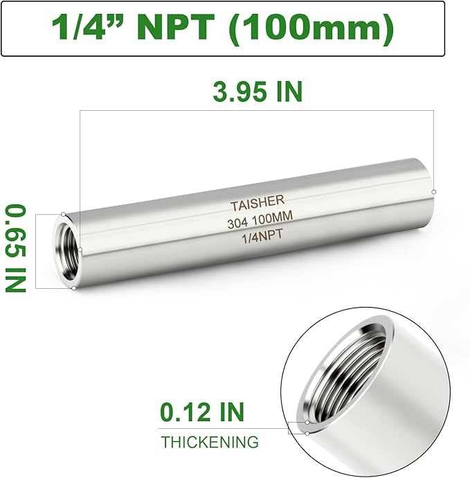 TAISHER 2PCS Stainless Steel Pipe Fittings, 1/4" NPT Female x 1/4" NPT Female Threaded, 4" Length Thickened Nipple Cast Pipe