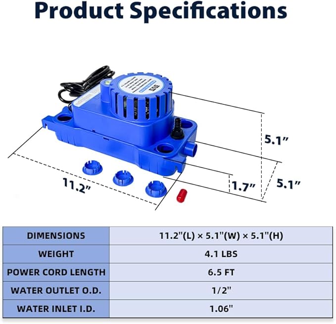 1/10 HP 93 GPH 20ft Max Head HVAC Condensate Pump, 115V w/Automatic Safety Switch, Removal Drain Pump for Air Conditioner, Dehumidifier, Ice Maker, Furnace, AC unit, Low Profile