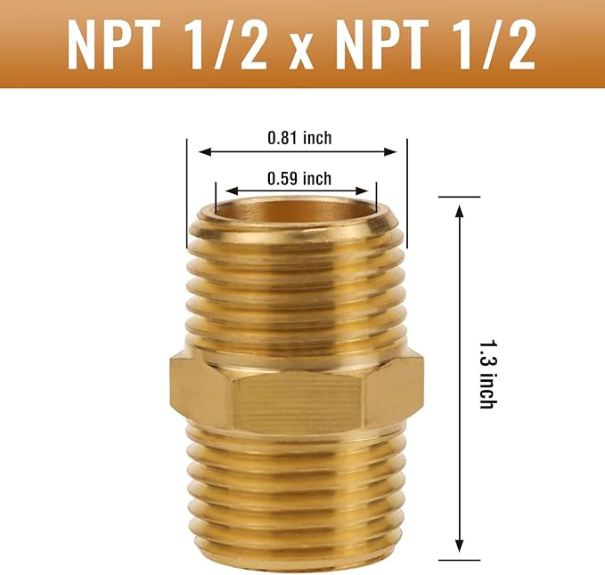 Brass Hex Nipple NPT 1/2 Male Pipe Fitting Adapter for Air, Water, Oil, Gas, 2PCS