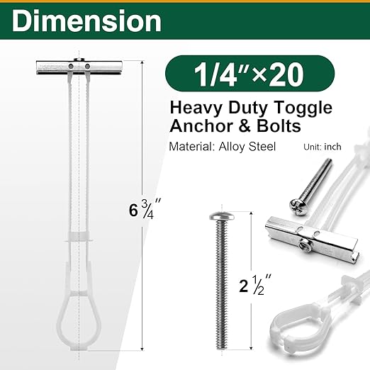 15 Pcs 1/4"-20 Toggle Bolts for Drywall, Heavy Duty Metal Strap Anchors Hold Up to 260 lbs, Wall Mounting Kit for TV, Cabinets & Shelves