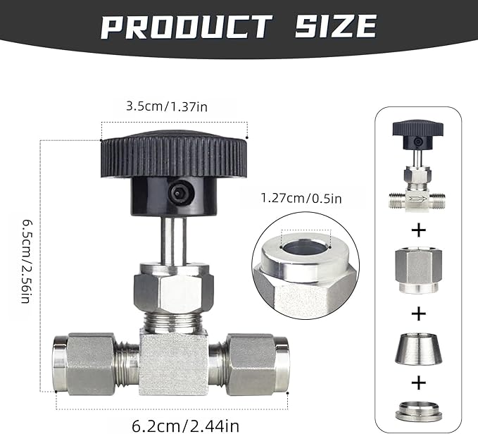 1 Piece1/2NeedleValve，O.D.1/2Inch flow Control valve,for Connecting1.27cmStainless SteelTubing, Copper, RigidPlastic Tubing, Used to control water, gas and oil. Stainless steel 304.