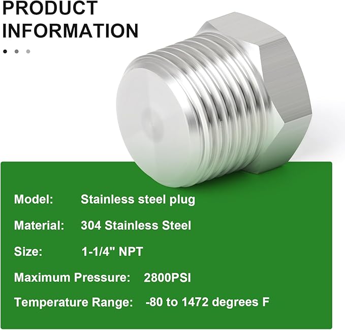 TAISHER 2PCS Stainless Steel Outer Hex Thread Socket Pipe Plug Fitting 1-1/4" NPT Male