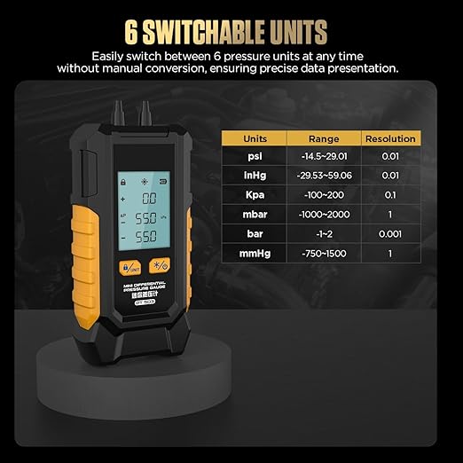Manometer, Dual-Port Manometer HVAC Gas Pressure Tester with 7 Adapters, 6 Units Switch, Data Hold & Backlit Display Screen, -100 to 200 kPa, Portable Design, PT503